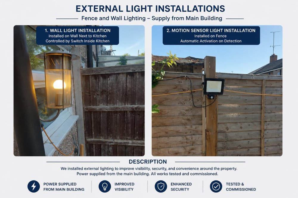 External wall light and motion sensor light installations powered from main building