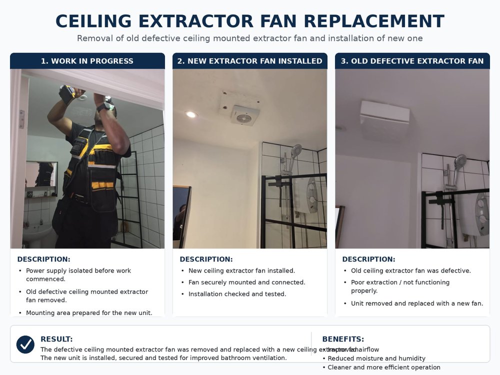 Old defective ceiling extractor fan removed and new bathroom extractor fan installed