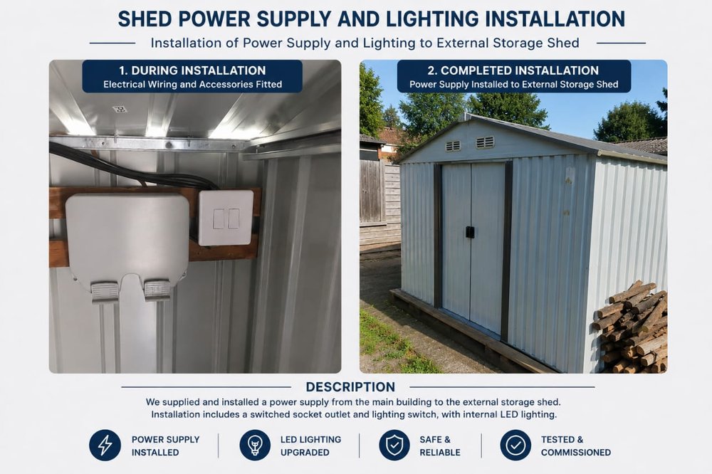 Power supply and LED lighting installed to an external storage shed