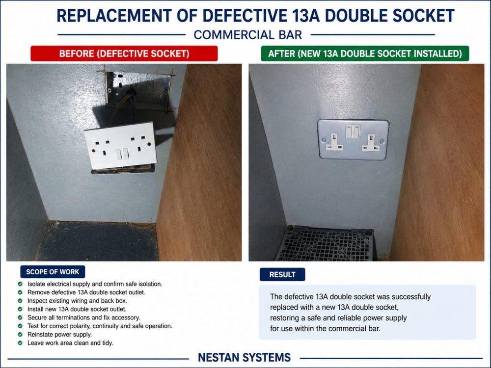 Defective 13A double socket replaced with a new socket in a commercial bar