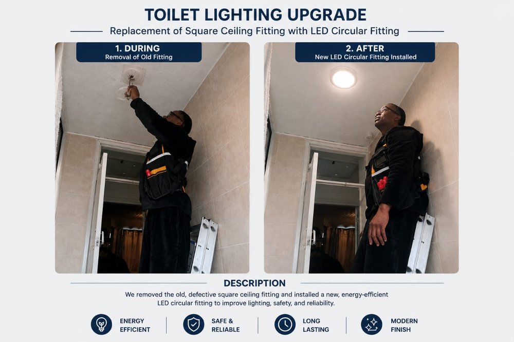 Toilet ceiling light upgraded from square fitting to a new LED circular fitting