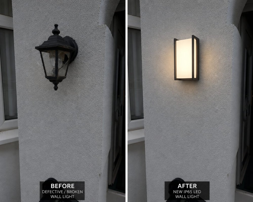 Before and after of an external wall light replaced with a new IP65 LED fitting by Nestan Systems